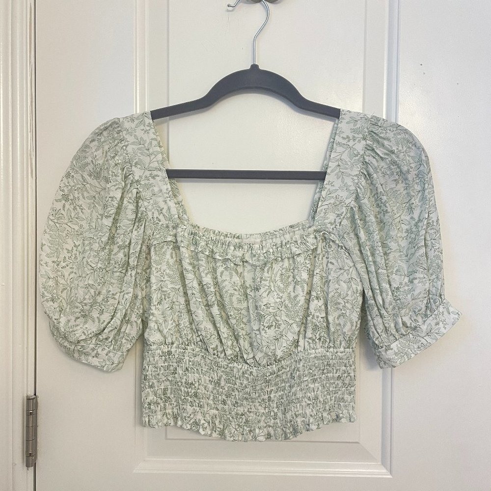 Green Floral Puff Sleeve Top